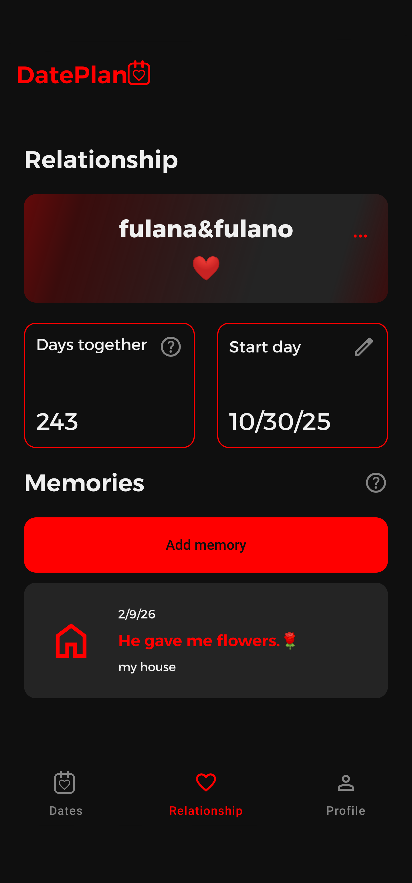 Tela do app DatePlan mostrando o relacionamento do casal, dias juntos e memórias registradas